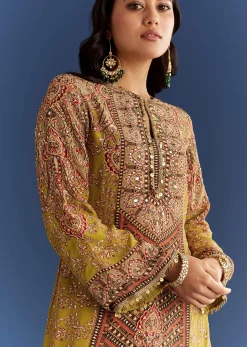 Mehendi Green Crepe Asymmetrical Printed Kurta With Striped Printed Dhoti