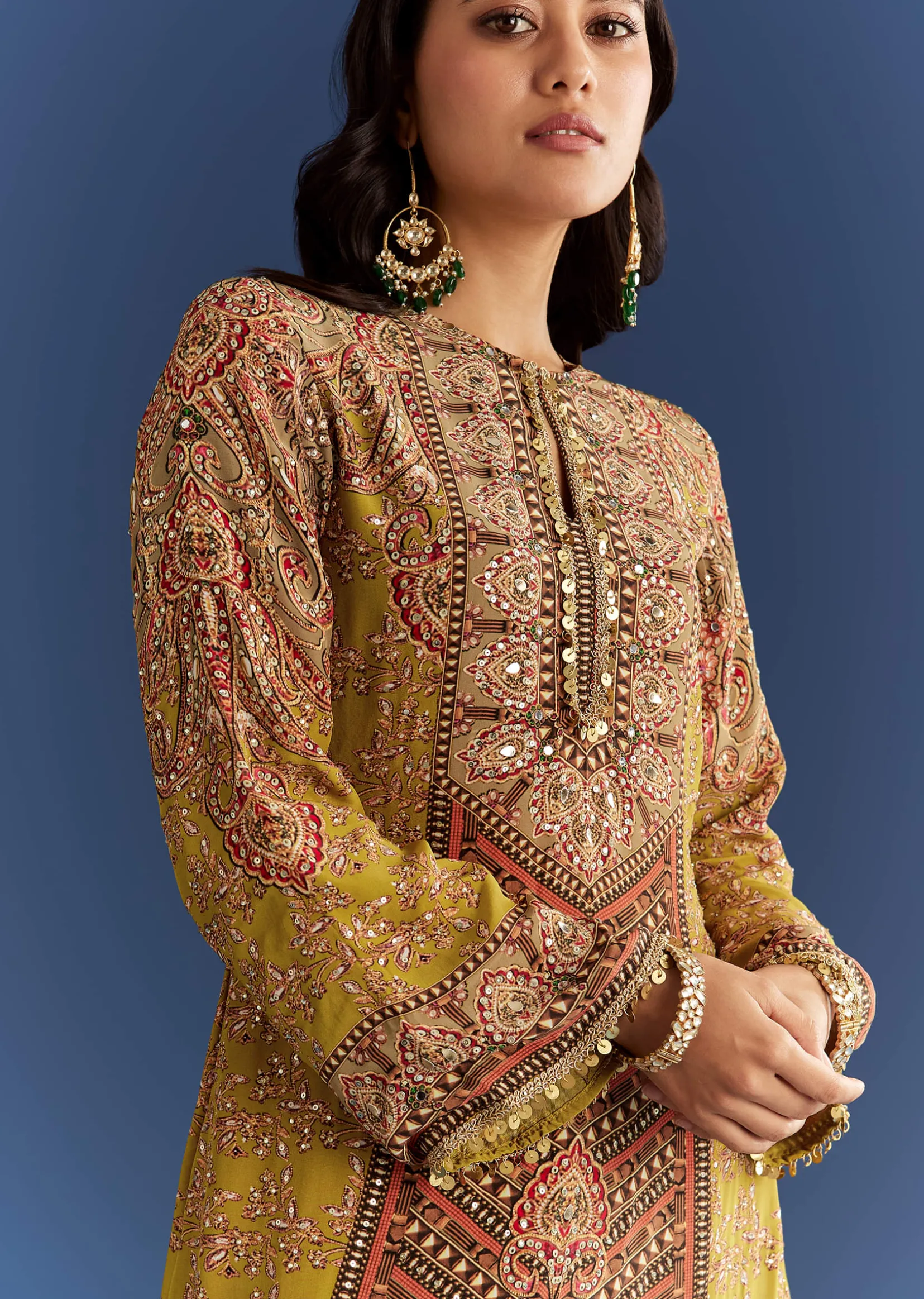 Mehendi Green Crepe Asymmetrical Printed Kurta With Striped Printed Dhoti