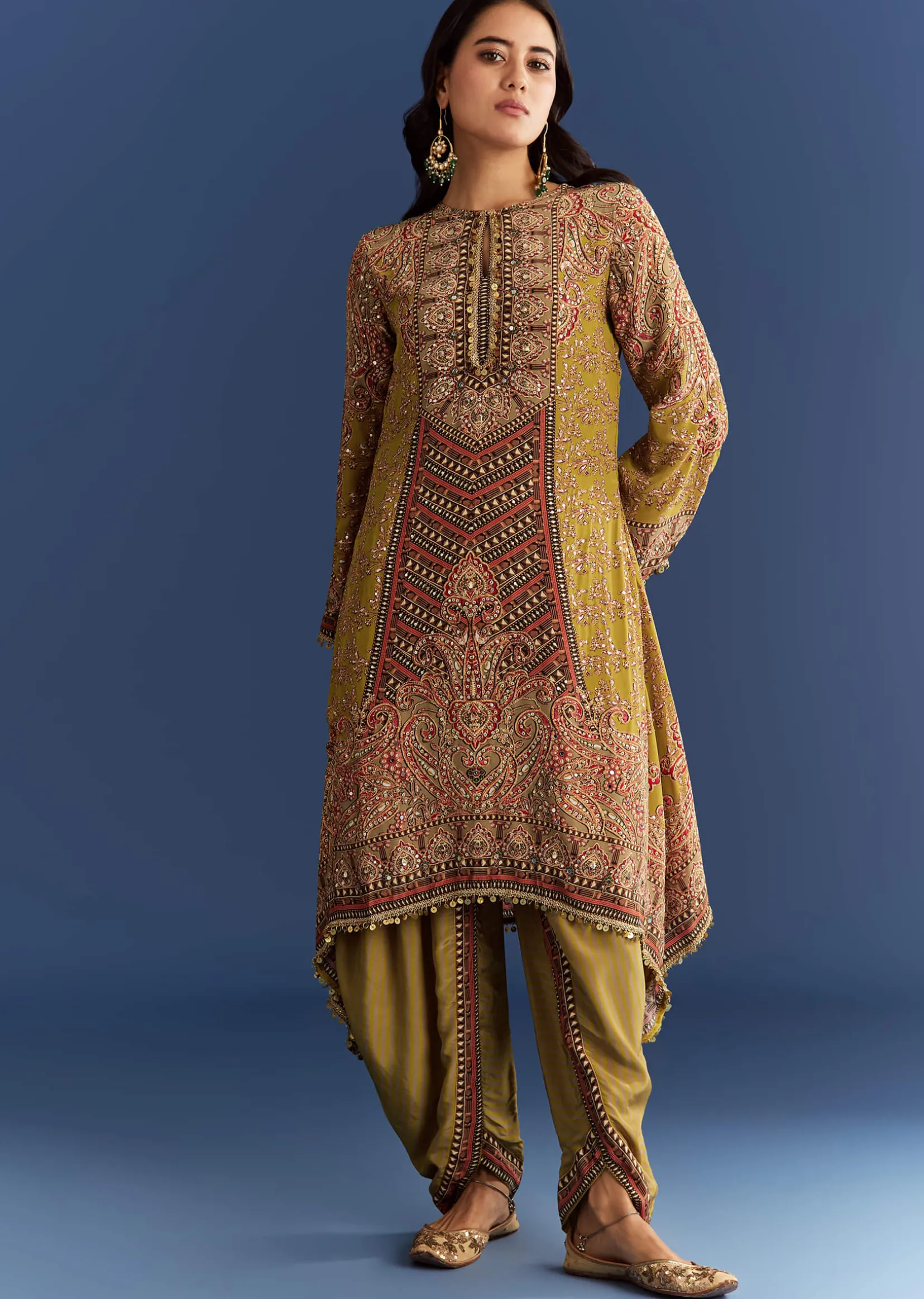 Mehendi Green Crepe Asymmetrical Printed Kurta With Striped Printed Dhoti