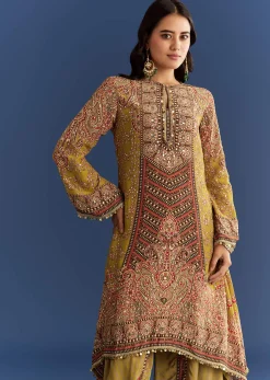 Mehendi Green Crepe Asymmetrical Printed Kurta With Striped Printed Dhoti