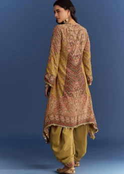 Mehendi Green Crepe Asymmetrical Printed Kurta With Striped Printed Dhoti