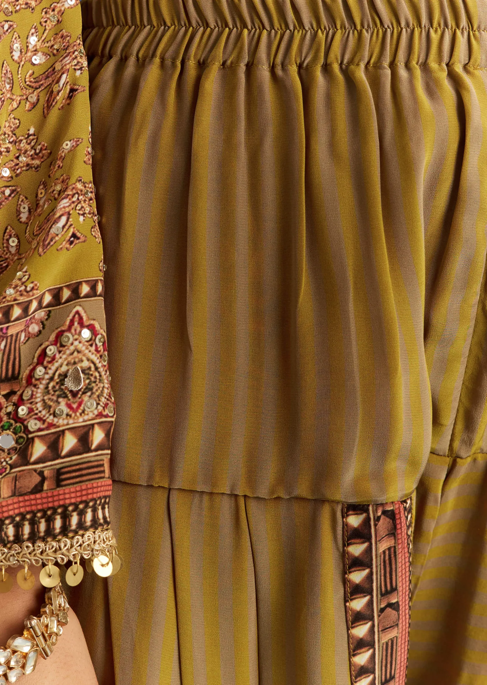 Mehendi Green Crepe Asymmetrical Printed Kurta With Striped Printed Dhoti