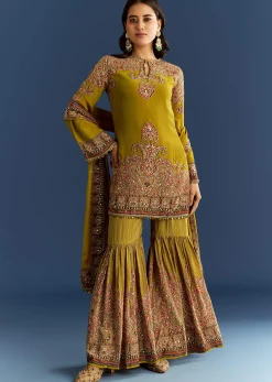 Mehendi Green Crepe Printed Kurta With Printed Sharara And Chinon Dupatta