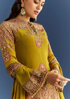 Mehendi Green Crepe Printed Kurta With Printed Sharara And Chinon Dupatta