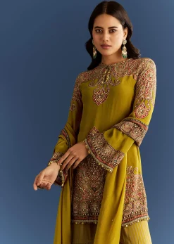 Mehendi Green Crepe Printed Kurta With Printed Sharara And Chinon Dupatta