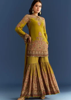 Mehendi Green Crepe Printed Kurta With Printed Sharara And Chinon Dupatta