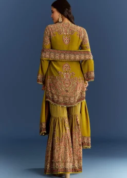 Mehendi Green Crepe Printed Kurta With Printed Sharara And Chinon Dupatta