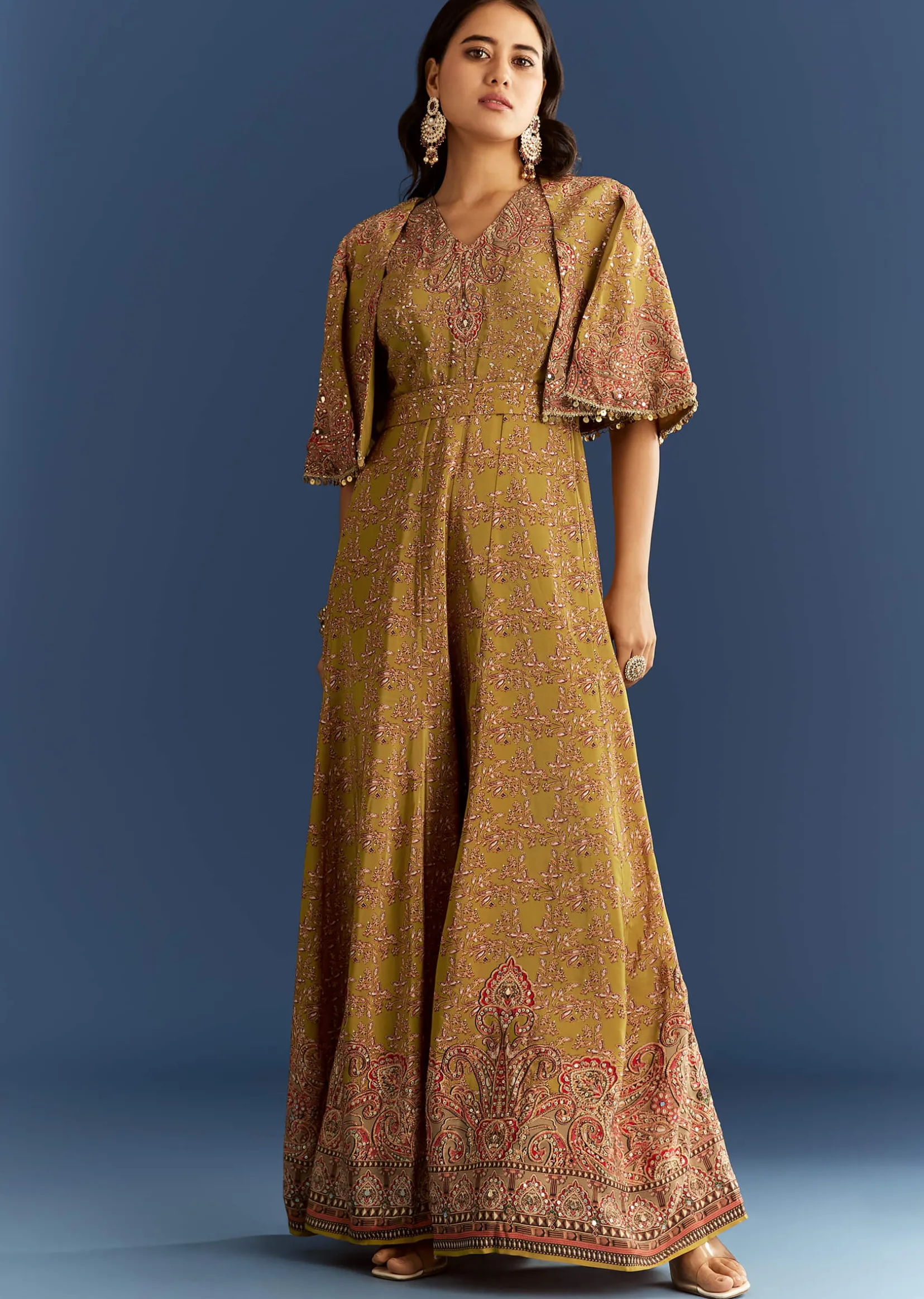 Mehendi Green Crepe Printed Jumpsuit With Mirror Sequins Work Cape And Belt