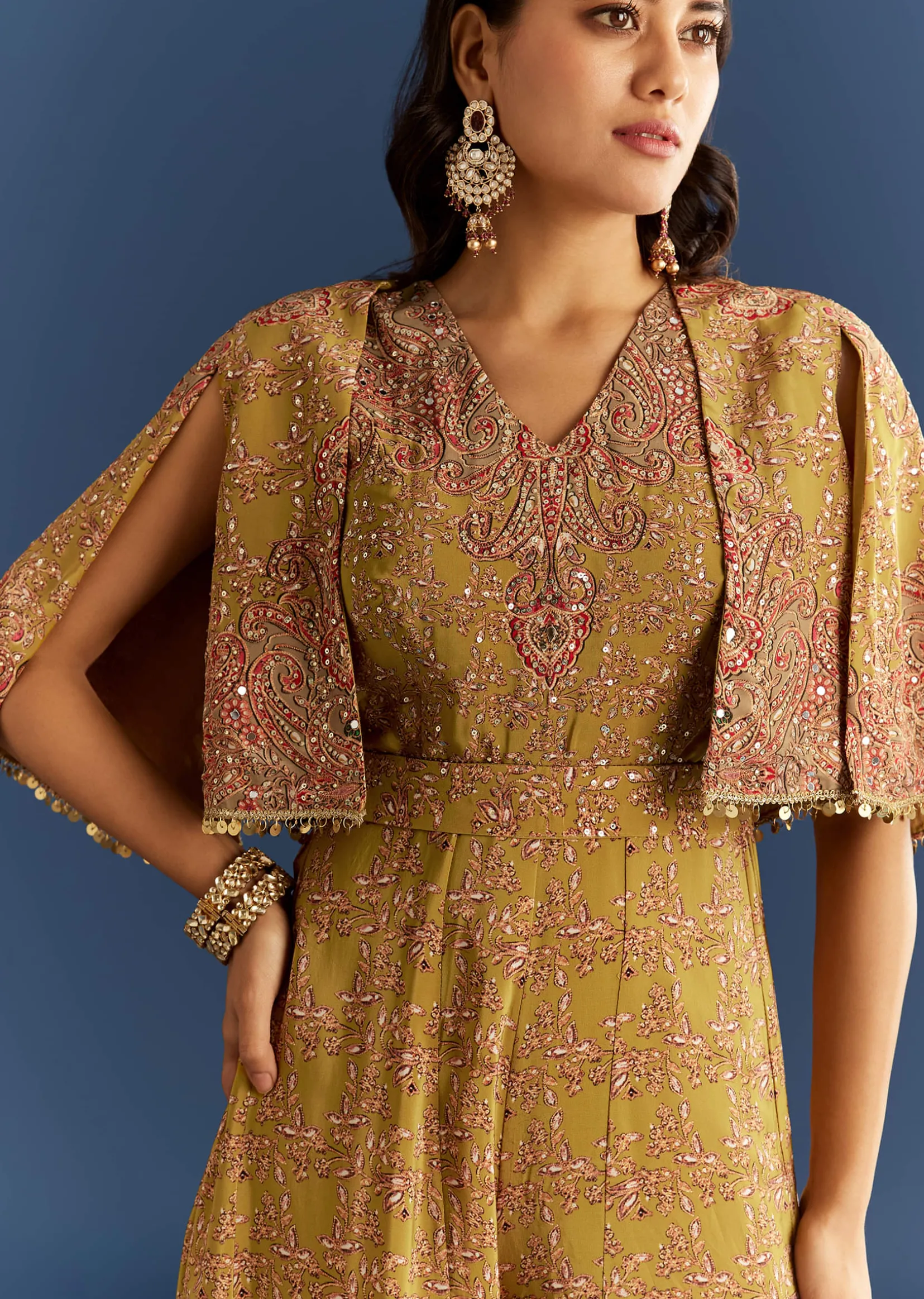 Mehendi Green Crepe Printed Jumpsuit With Mirror Sequins Work Cape And Belt
