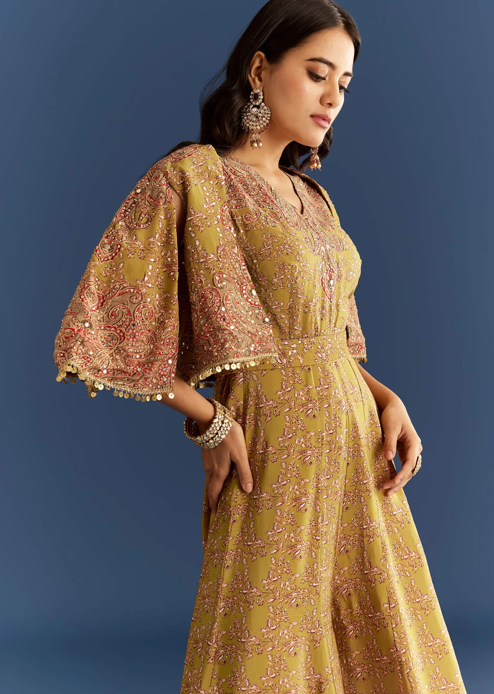 Mehendi Green Crepe Printed Jumpsuit With Mirror Sequins Work Cape And Belt