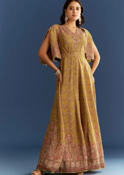 Mehendi Green Crepe Printed Jumpsuit With Mirror Sequins Work Cape And Belt