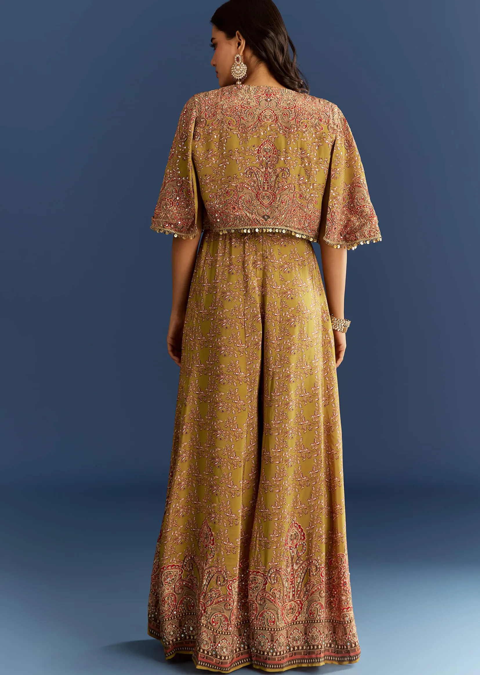 Mehendi Green Crepe Printed Jumpsuit With Mirror Sequins Work Cape And Belt