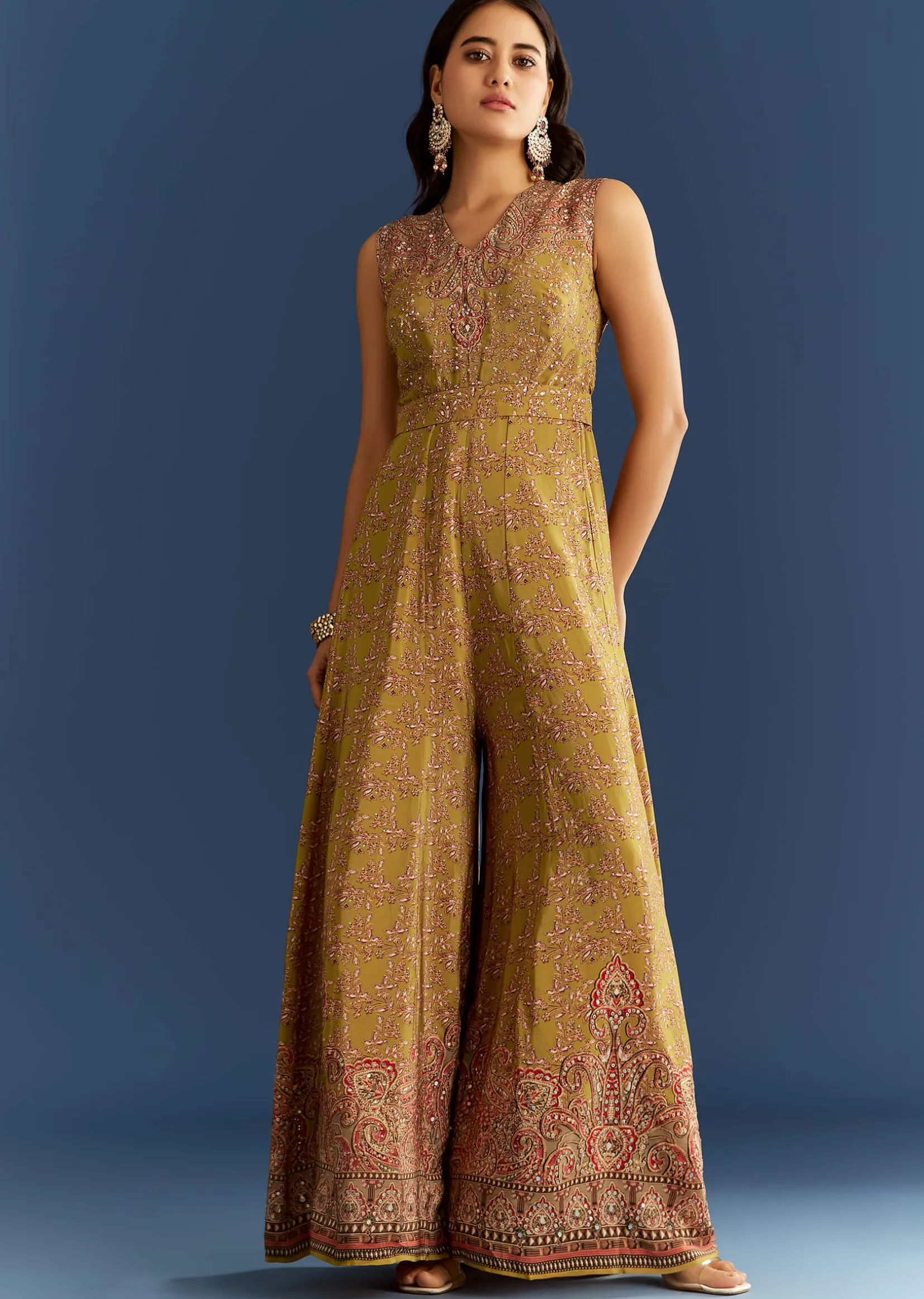 Mehendi Green Crepe Printed Jumpsuit With Mirror Sequins Work Cape And Belt