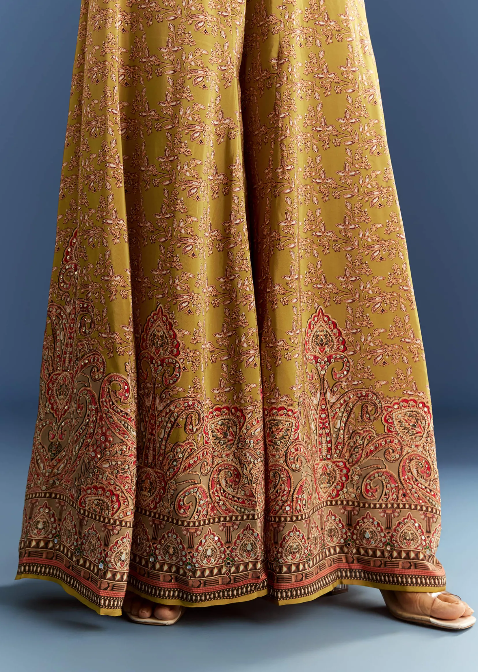 Mehendi Green Crepe Printed Jumpsuit With Mirror Sequins Work Cape And Belt