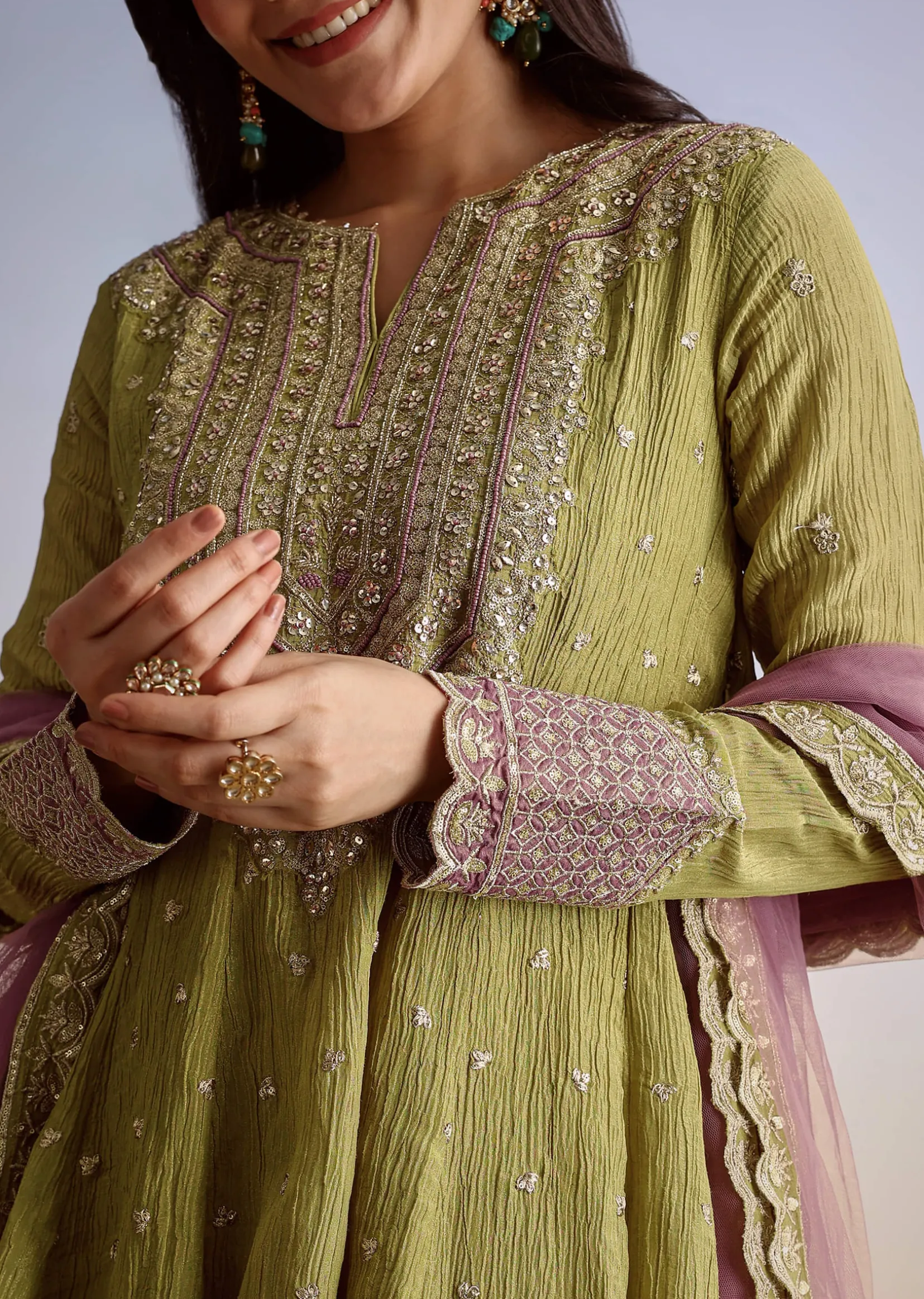 Mehendi Green Crush Tissue Sharara Suit With Zari Sequins