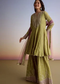 Mehendi Green Crush Tissue Sharara Suit With Zari Sequins