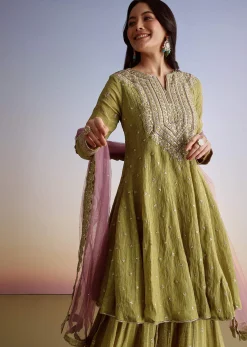 Mehendi Green Crush Tissue Sharara Suit With Zari Sequins
