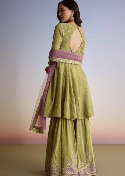 Mehendi Green Crush Tissue Sharara Suit With Zari Sequins