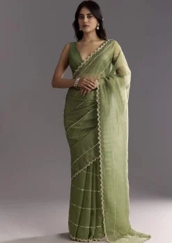 Mehendi Green Crushed Tissue Saree With Embroidered Scallop Border
