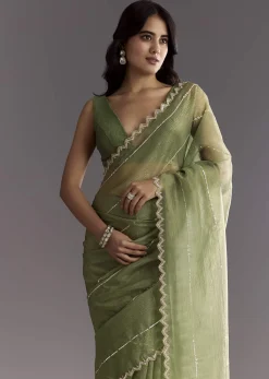 Mehendi Green Crushed Tissue Saree With Embroidered Scallop Border
