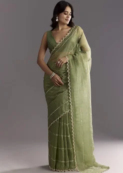 Mehendi Green Crushed Tissue Saree With Embroidered Scallop Border