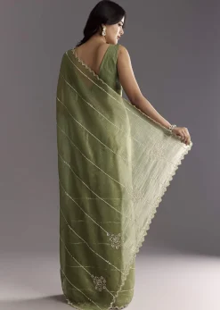 Mehendi Green Crushed Tissue Saree With Embroidered Scallop Border