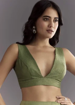 Mehendi Green Crushed Tissue Saree With Embroidered Scallop Border