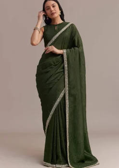 Mehendi Green Crushed Tissue Saree With Embellished Border