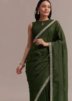 Mehendi Green Crushed Tissue Saree With Embellished Border