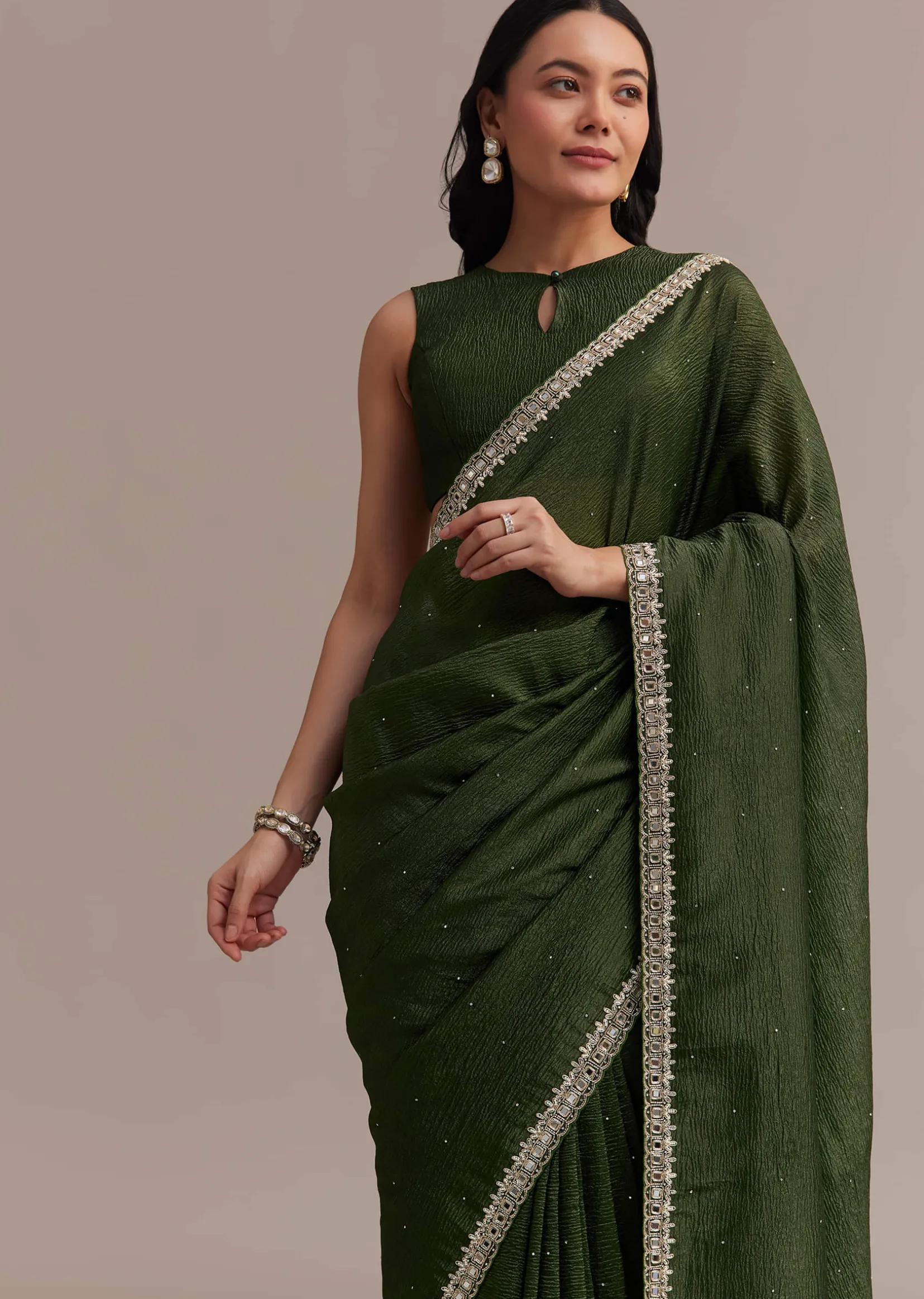 Mehendi Green Crushed Tissue Saree With Embellished Border