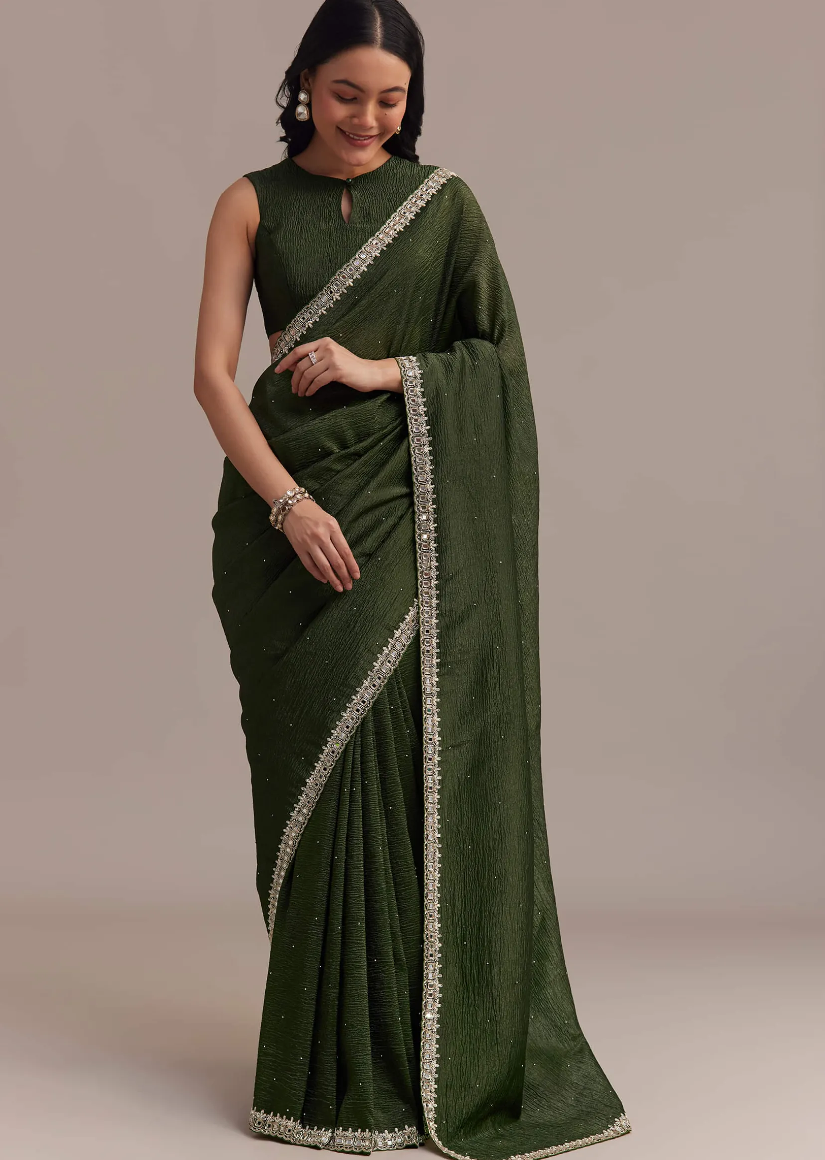 Mehendi Green Crushed Tissue Saree With Embellished Border