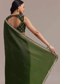 Mehendi Green Crushed Tissue Saree With Embellished Border