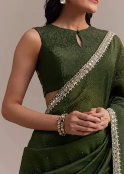 Mehendi Green Crushed Tissue Saree With Embellished Border