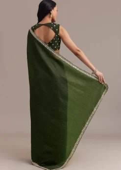 Mehendi Green Crushed Tissue Saree With Embellished Border