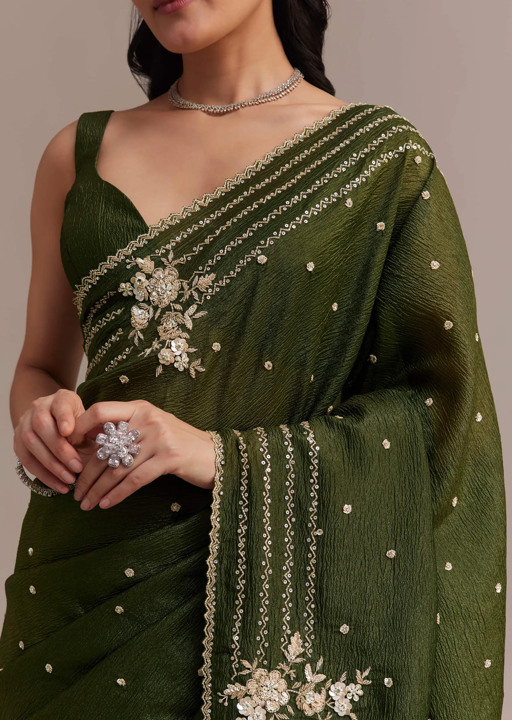 Mehendi Green Crushed Tissue Saree With Embroidered Border