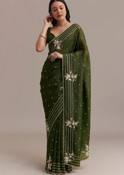 Mehendi Green Crushed Tissue Saree With Embroidered Border