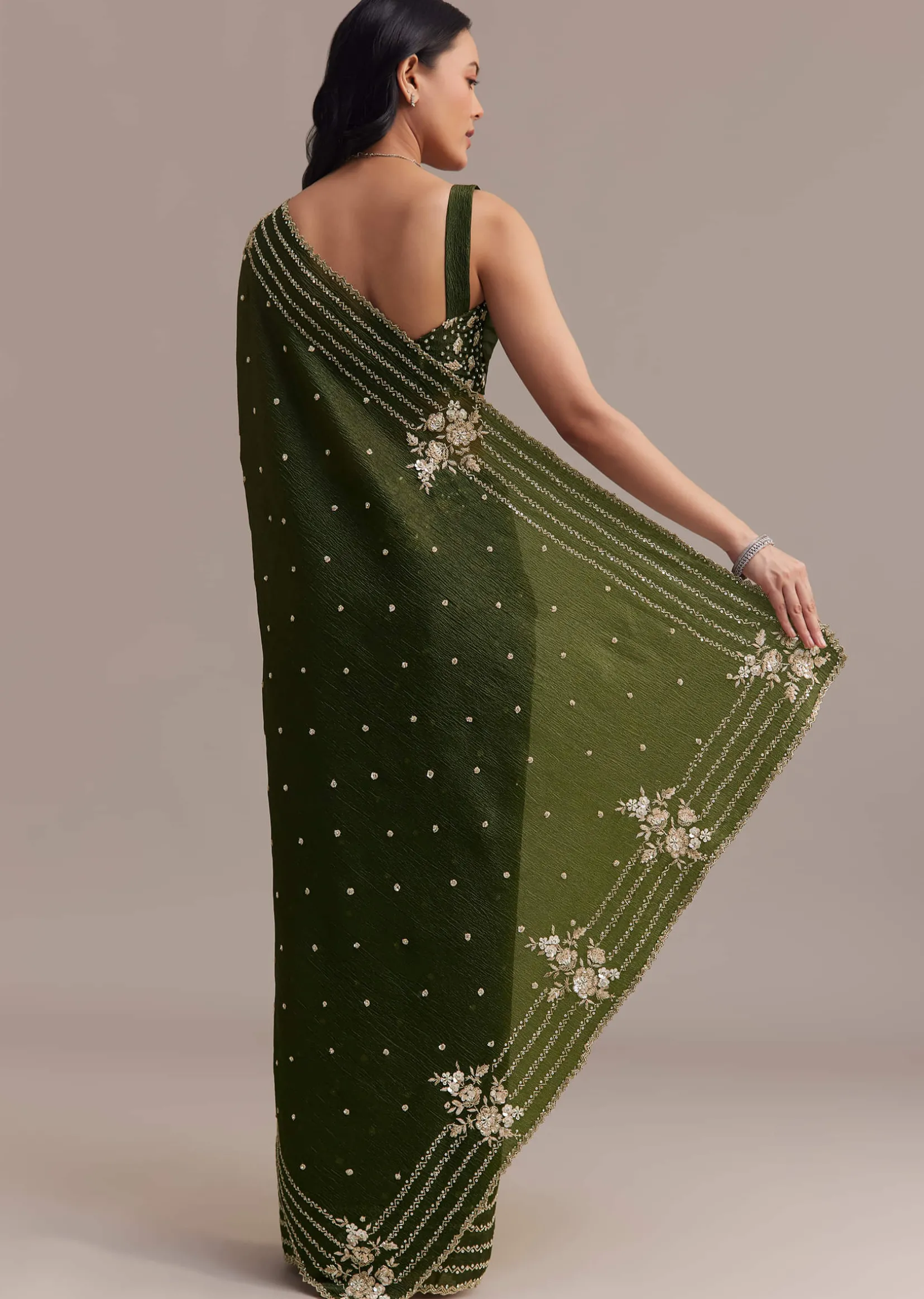 Mehendi Green Crushed Tissue Saree With Embroidered Border
