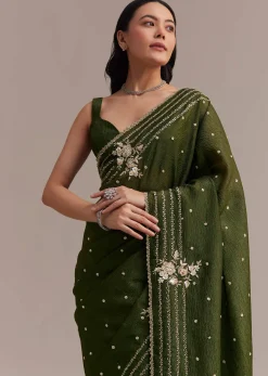 Mehendi Green Crushed Tissue Saree With Embroidered Border