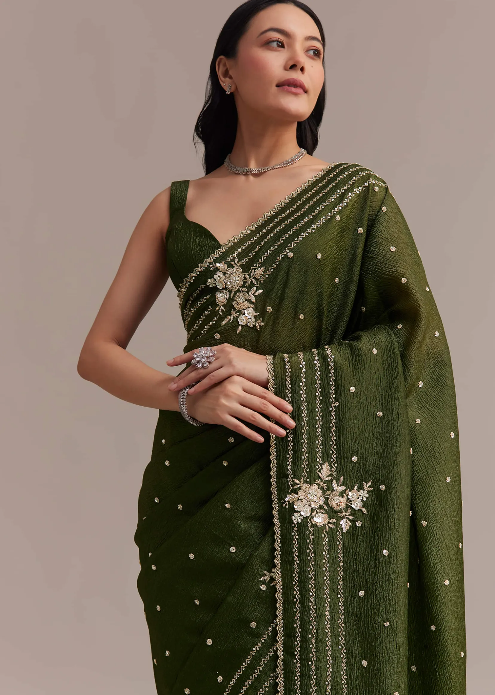 Mehendi Green Crushed Tissue Saree With Embroidered Border