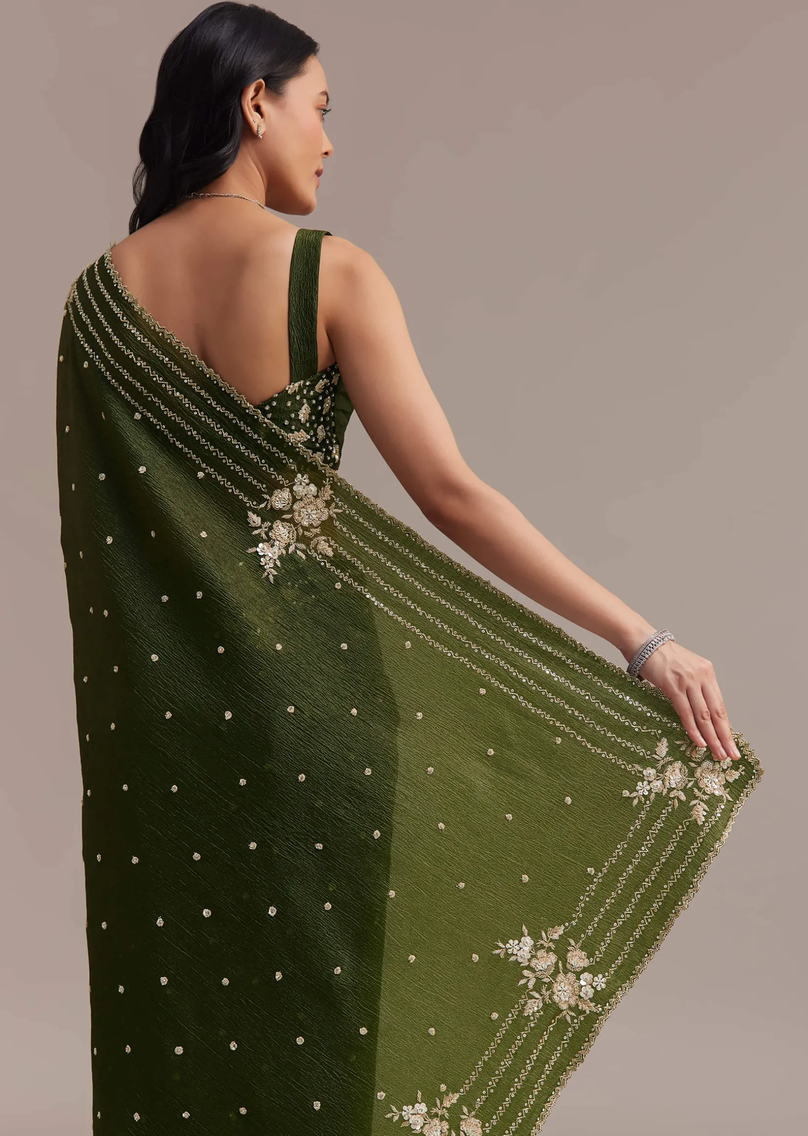 Mehendi Green Crushed Tissue Saree With Embroidered Border