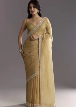 Mehendi Green Crushed Tissue Saree With Cutwork Embroidered Border