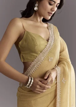 Mehendi Green Crushed Tissue Saree With Cutwork Embroidered Border