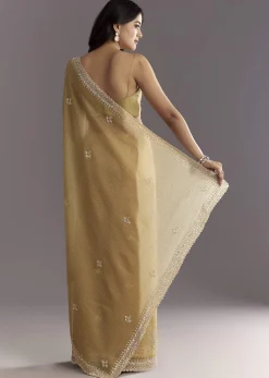 Mehendi Green Crushed Tissue Saree With Cutwork Embroidered Border