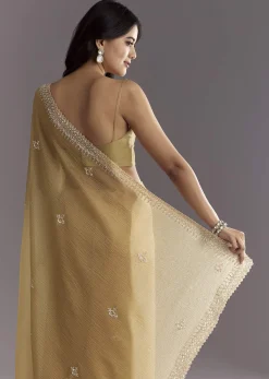 Mehendi Green Crushed Tissue Saree With Cutwork Embroidered Border