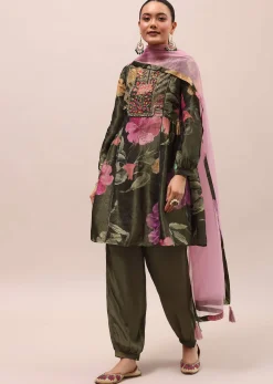 Mehendi Green Embroidered Kurta And Salwar With Dupatta