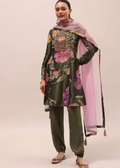 Mehendi Green Embroidered Kurta And Salwar With Dupatta