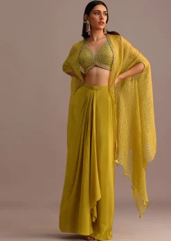 Mehendi Green Embroidered Croptop Skirt Set With Chanderi Jacket