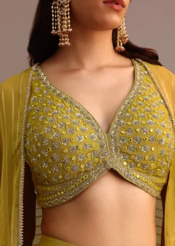 Mehendi Green Embroidered Croptop Skirt Set With Chanderi Jacket