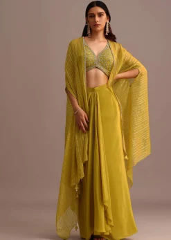 Mehendi Green Embroidered Croptop Skirt Set With Chanderi Jacket