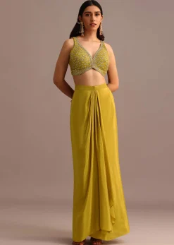 Mehendi Green Embroidered Croptop Skirt Set With Chanderi Jacket